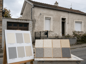 Échantillons de peintures et d’enduits devant une maison à rénover
