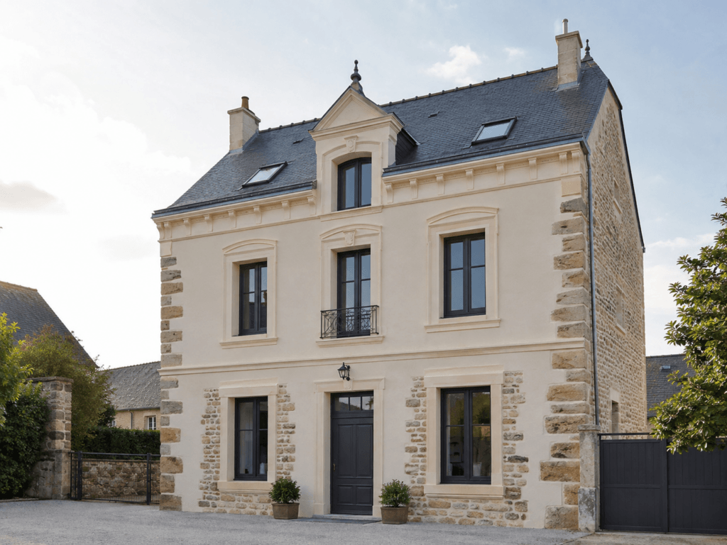 Maison ancienne isolée par l’extérieur avec pierres et décors conservés