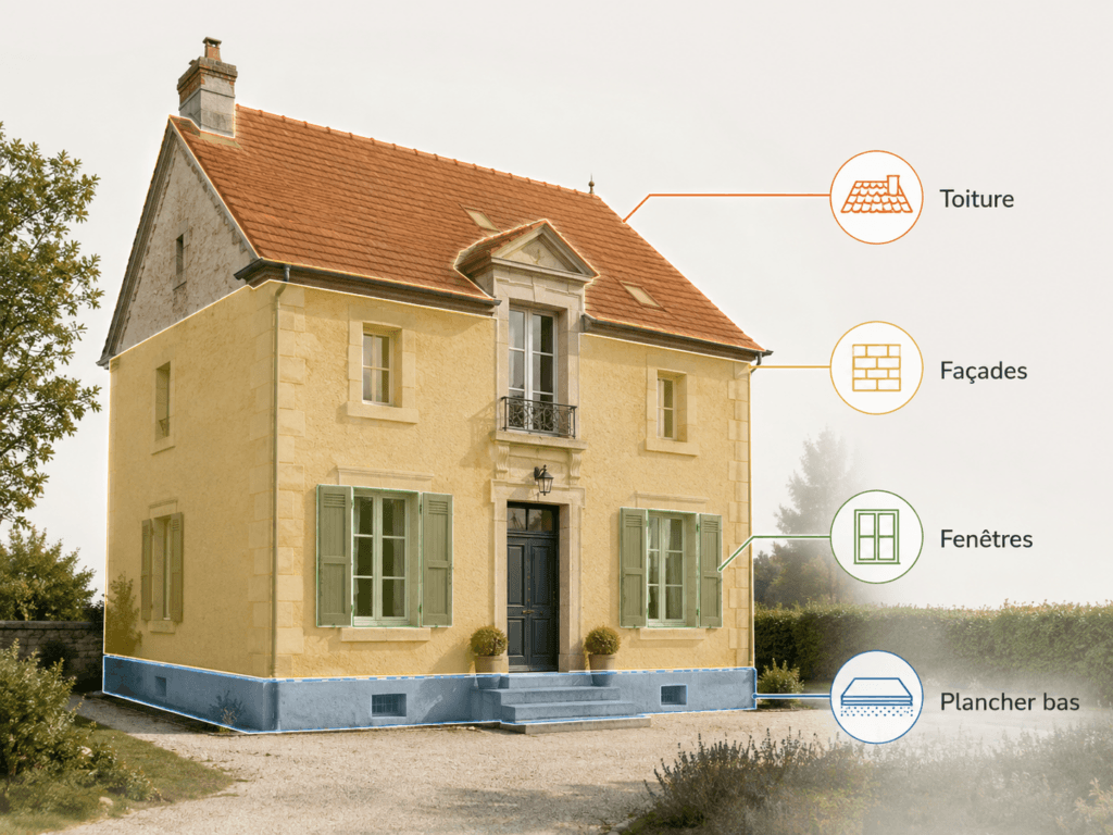 Maison montrant les zones de rénovation énergétique toiture façades fenêtres et plancher
