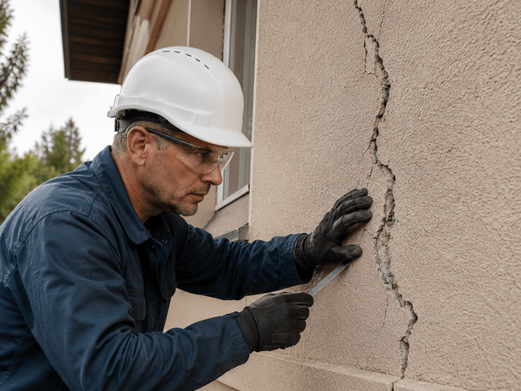 Technicien observant une fissure sur la façade d’une maison