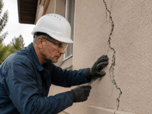Technicien observant une fissure sur la façade d’une maison